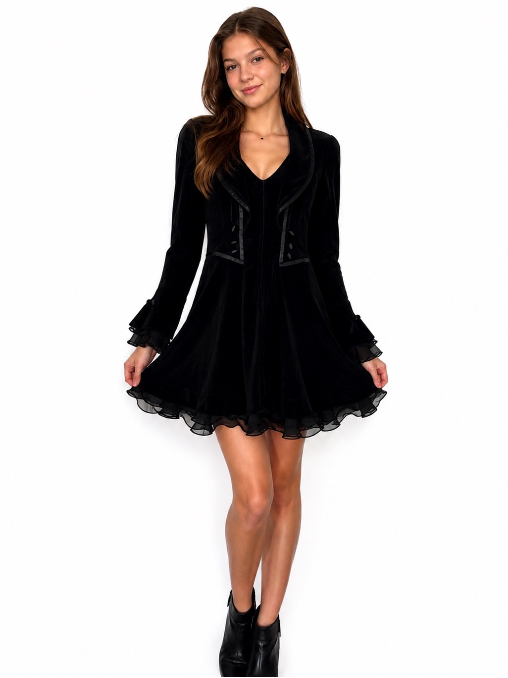 Vintage Cache Black Long Sleeve Double Breasted Tuxedo Mini Dress Ruffle Trim